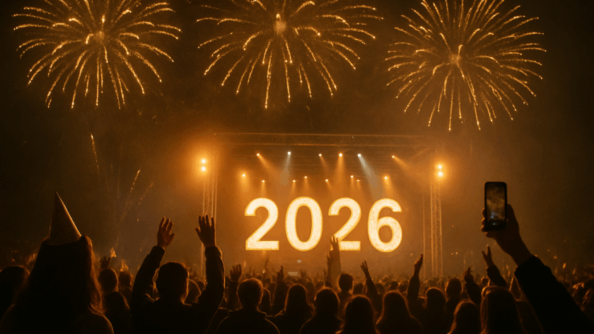 A crowd celebrates New Year’s Eve as golden fireworks burst over a stage displaying large illuminated “2026” numbers in a festive nighttime outdoor event.