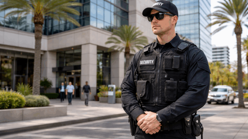 Affordable security guard services for California businesses with a professional guard protecting a commercial office building