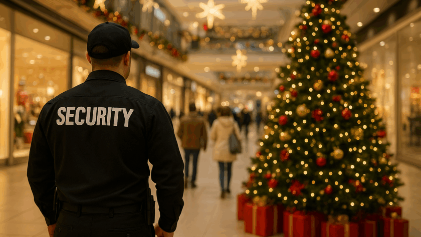 Security guard monitoring a busy holiday shopping mall with Christmas decorations and a large Christmas tree in view, providing seasonal retail security protection.
