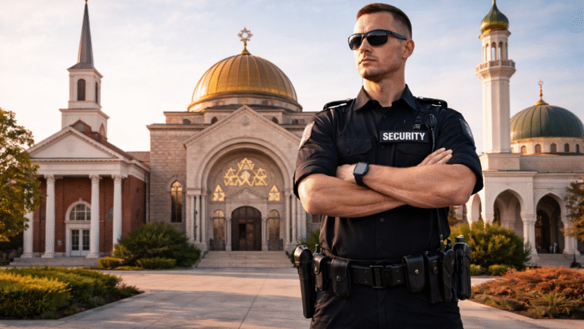 Professional uniformed security guard standing outside church, synagogue, and mosque buildings providing security services for religious institutions in Lawndale, CA.