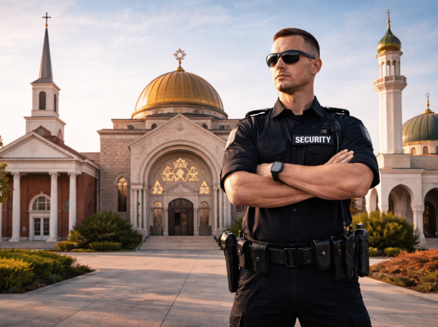 Professional uniformed security guard standing outside church, synagogue, and mosque buildings providing security services for religious institutions in Lawndale, CA.
