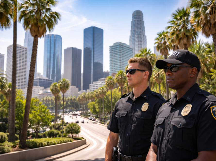 California security guards protecting a commercial property in downtown Los Angeles as businesses focus on BSIS compliance and CCPA security regulations