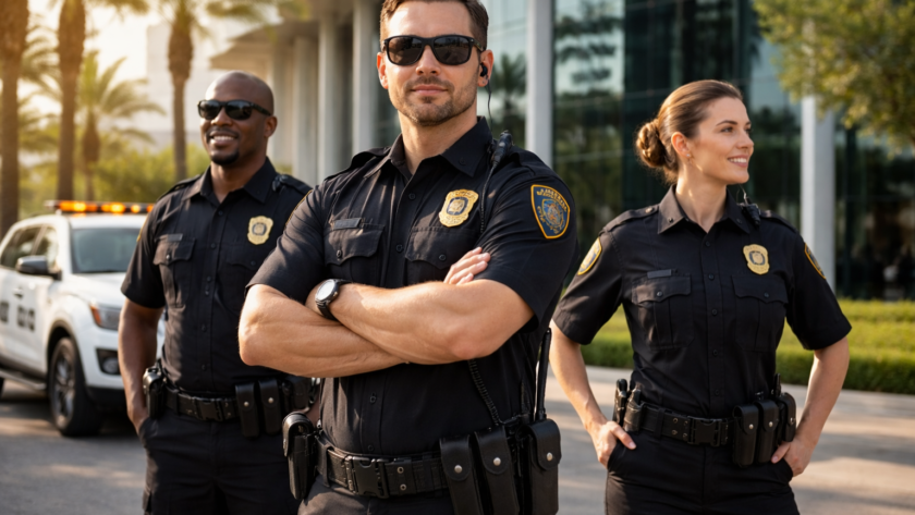 Professional security guards standing outside a commercial building in California providing affordable business security services