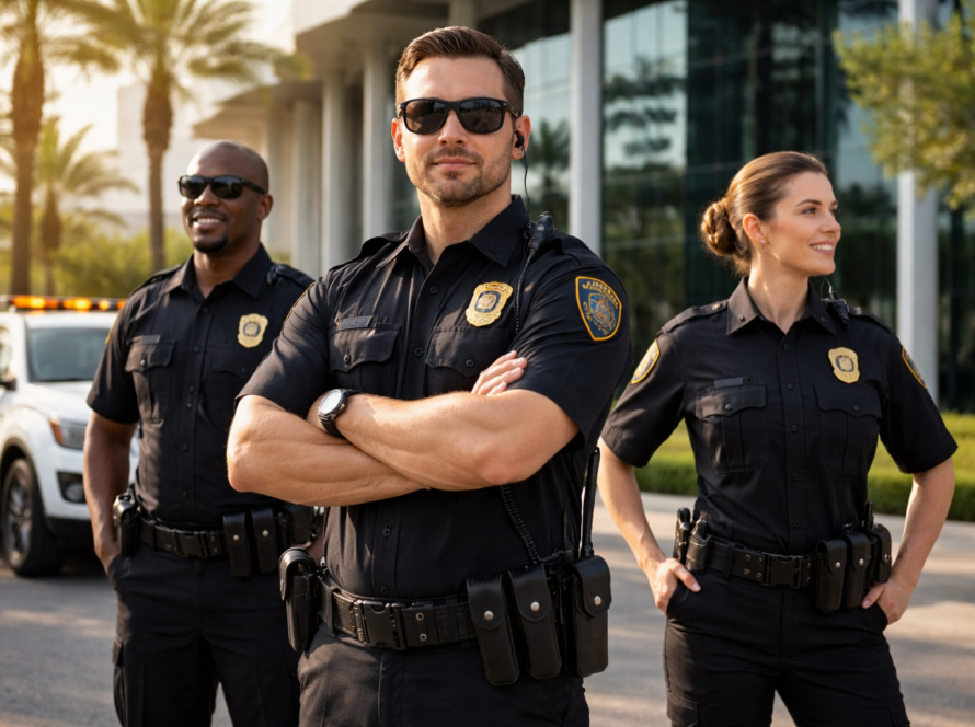 Professional security guards standing outside a commercial building in California providing affordable business security services