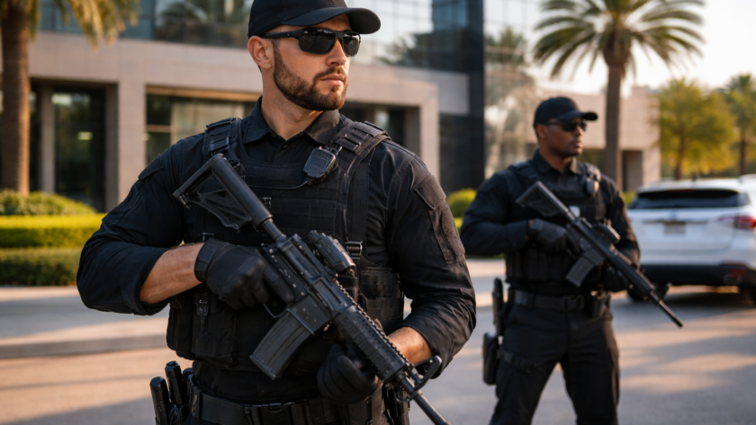 Armed security guards patrolling outside a modern office building in Orange County California providing professional security services