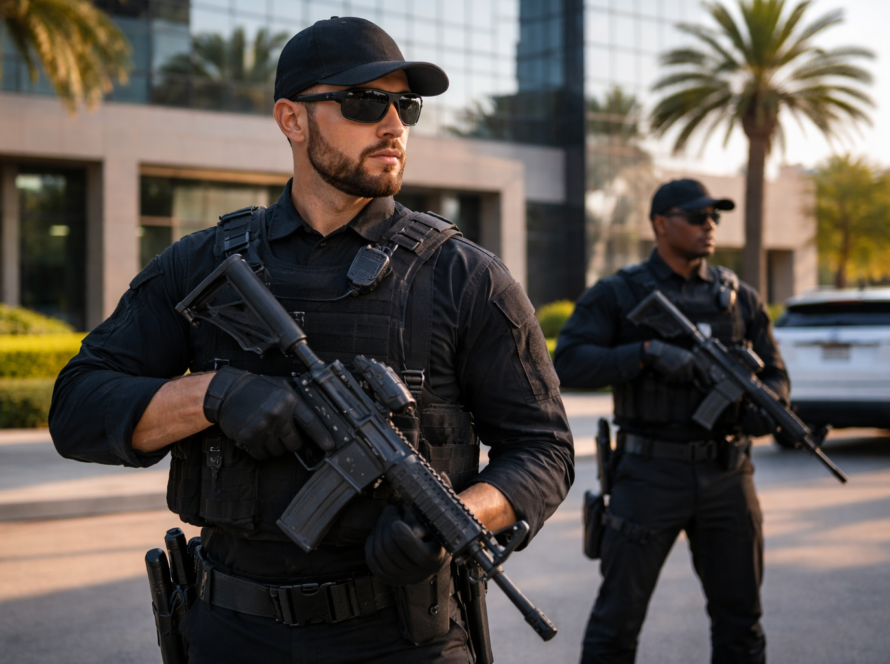 Armed security guards patrolling outside a modern office building in Orange County California providing professional security services