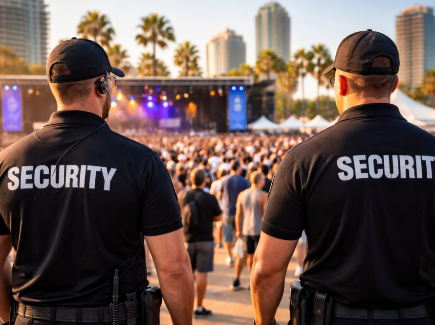 Event security guards monitoring crowd control at outdoor concert in San Diego California during live event