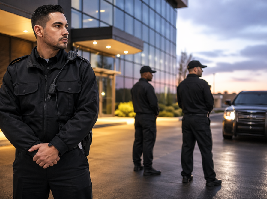 Professional security guards on duty outside a modern commercial building in Lawndale California providing safety and protection services