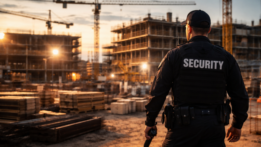Security guard providing construction site security in Riverside California with cranes and building structures