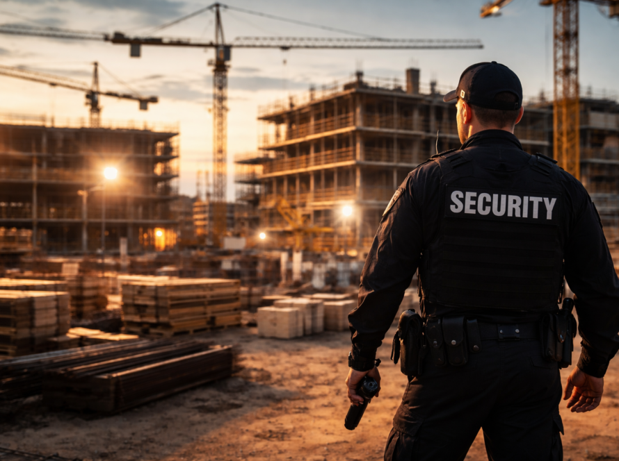 Security guard providing construction site security in Riverside California with cranes and building structures