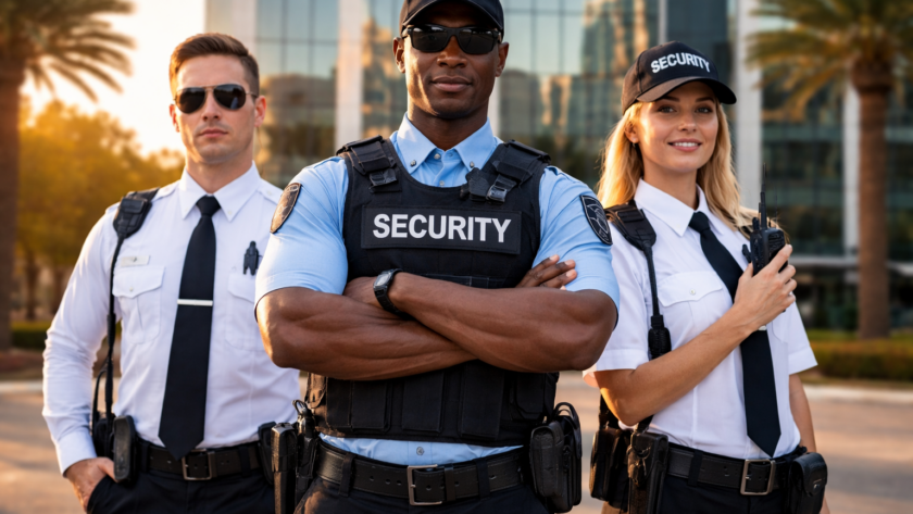 Professional security guards in uniform standing outside a modern California office building providing commercial security services
