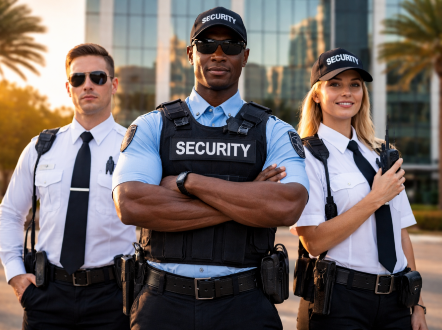 Professional security guards in uniform standing outside a modern California office building providing commercial security services