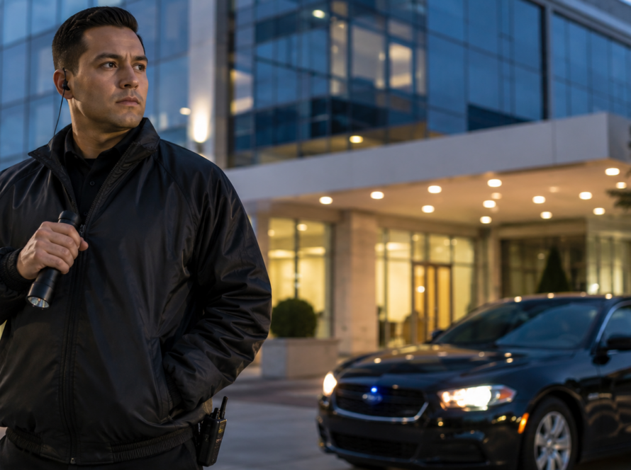 Professional emergency security guard standing outside commercial property in Anaheim California providing fast response security services and mobile patrol protection