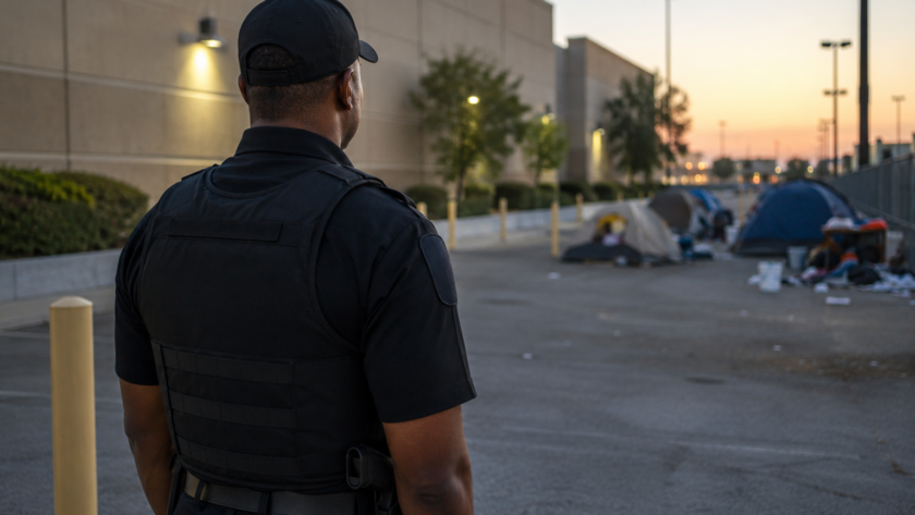 Licensed security guard patrolling private commercial property to help prevent homeless encampment issues, trespassing, and unauthorized occupancy in Southern California.