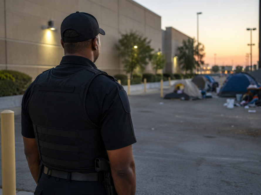Licensed security guard patrolling private commercial property to help prevent homeless encampment issues, trespassing, and unauthorized occupancy in Southern California.