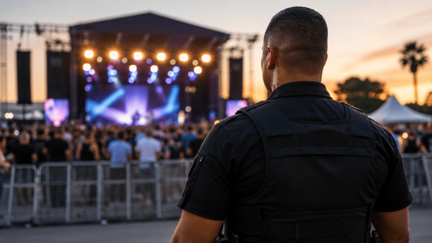 Professional licensed event security guard monitoring a large outdoor concert event in Southern California at sunset