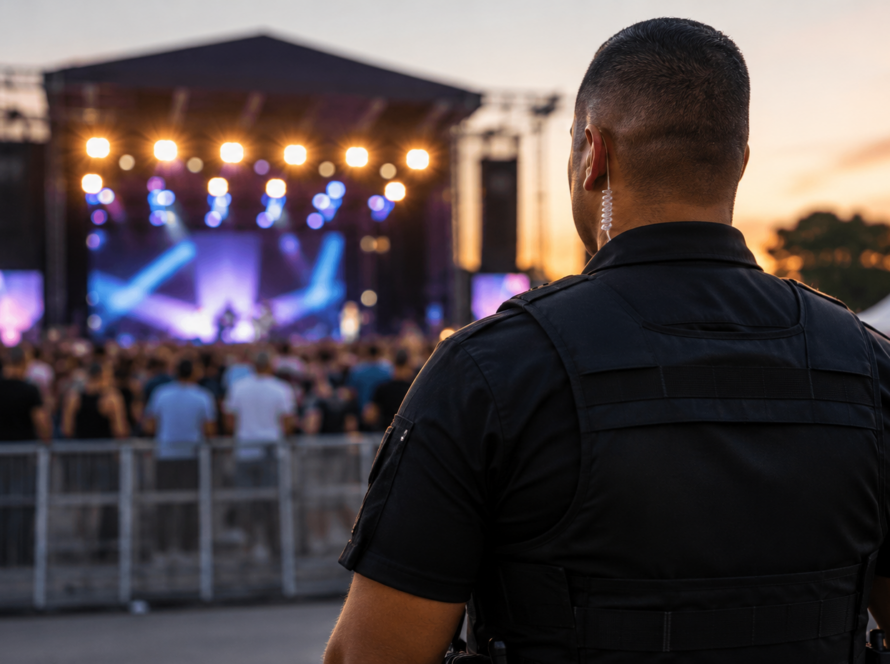 Professional licensed event security guard monitoring a large outdoor concert event in Southern California at sunset